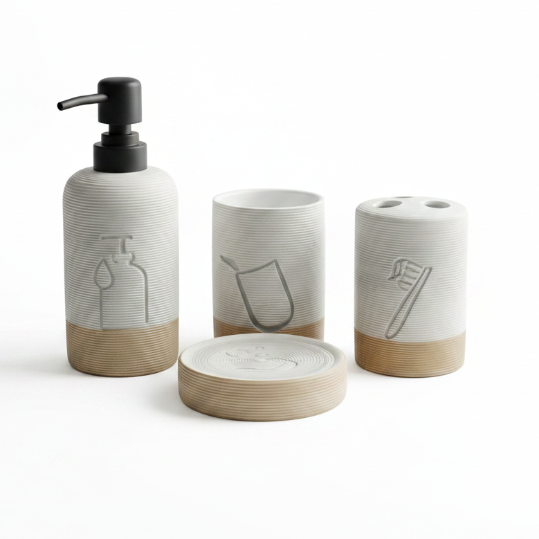 Luxury 4-piece white ceramic bathroom accessories set displayed on a marble vanity top.
