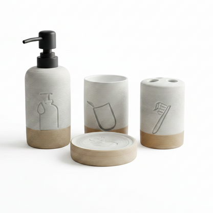Luxury 4-piece white ceramic bathroom accessories set displayed on a marble vanity top.