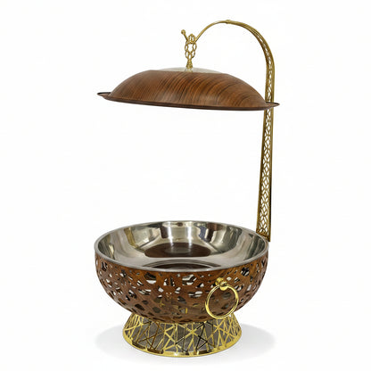 Luxury 8L wooden chafing dish with gold lattice stand and hanging lid placed on a kitchen marble countertop.
