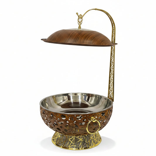 Luxury 8L wooden chafing dish with gold lattice stand and hanging lid placed on a kitchen marble countertop.