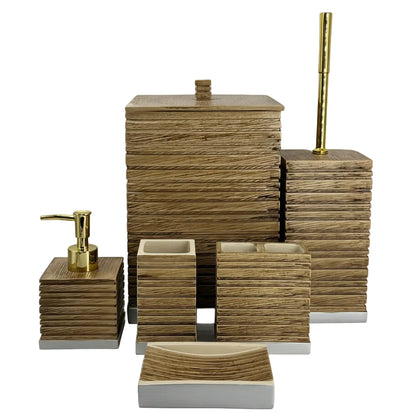 Luxury 6-piece wooden texture bathroom accessories set displayed on a marble vanity counter.