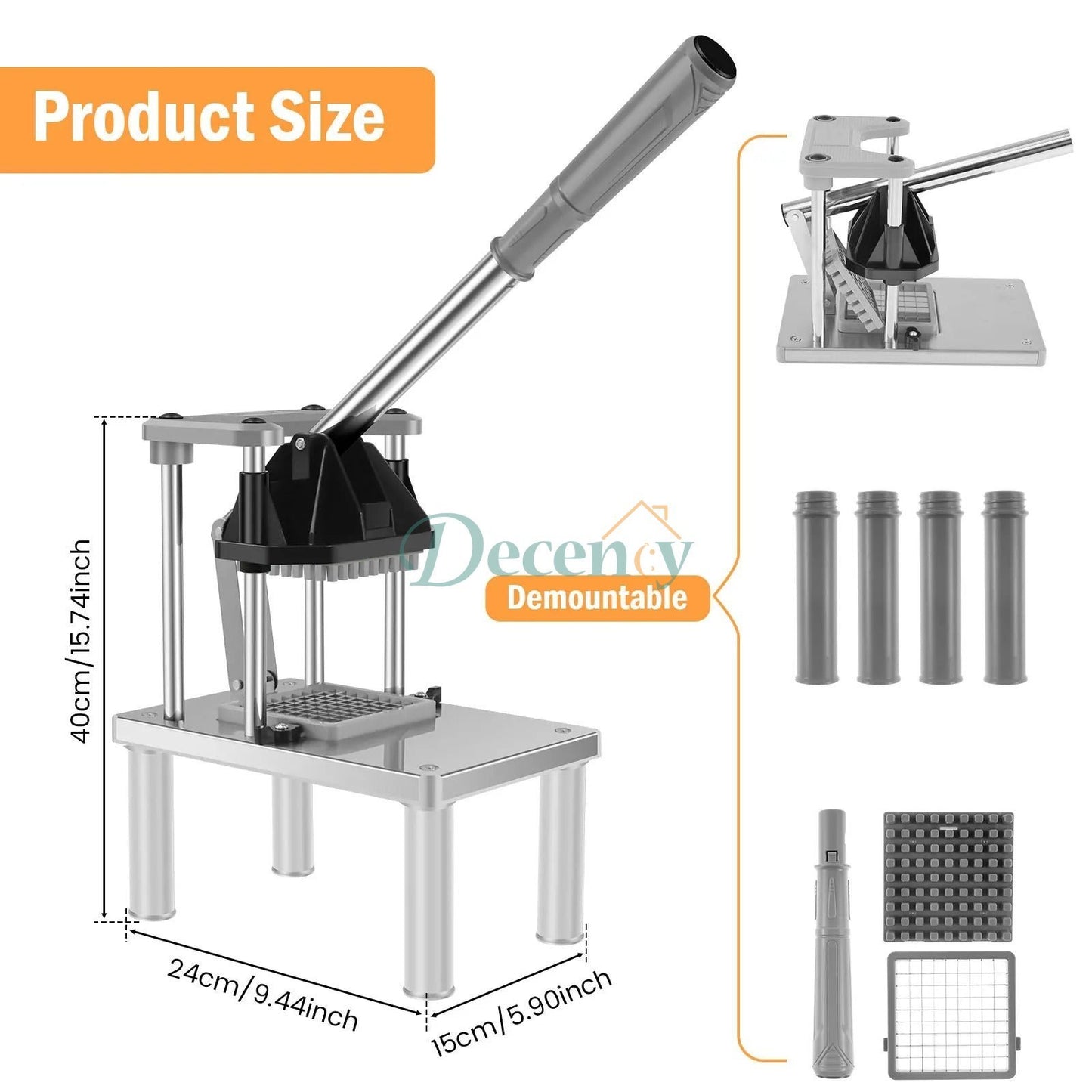 Commercial Vegetable Fruit Chopper, Stainless Steel French Fry Cutter with 4 Replacement Blades, Heavy Duty Vegetable Chopper Dicer for Potato Onion Carrot Cucumber