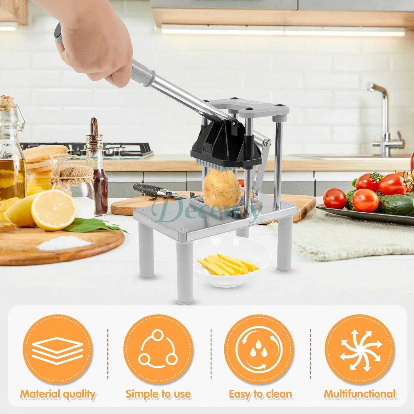 Commercial Vegetable Fruit Chopper, Stainless Steel French Fry Cutter with 4 Replacement Blades, Heavy Duty Vegetable Chopper Dicer for Potato Onion Carrot Cucumber