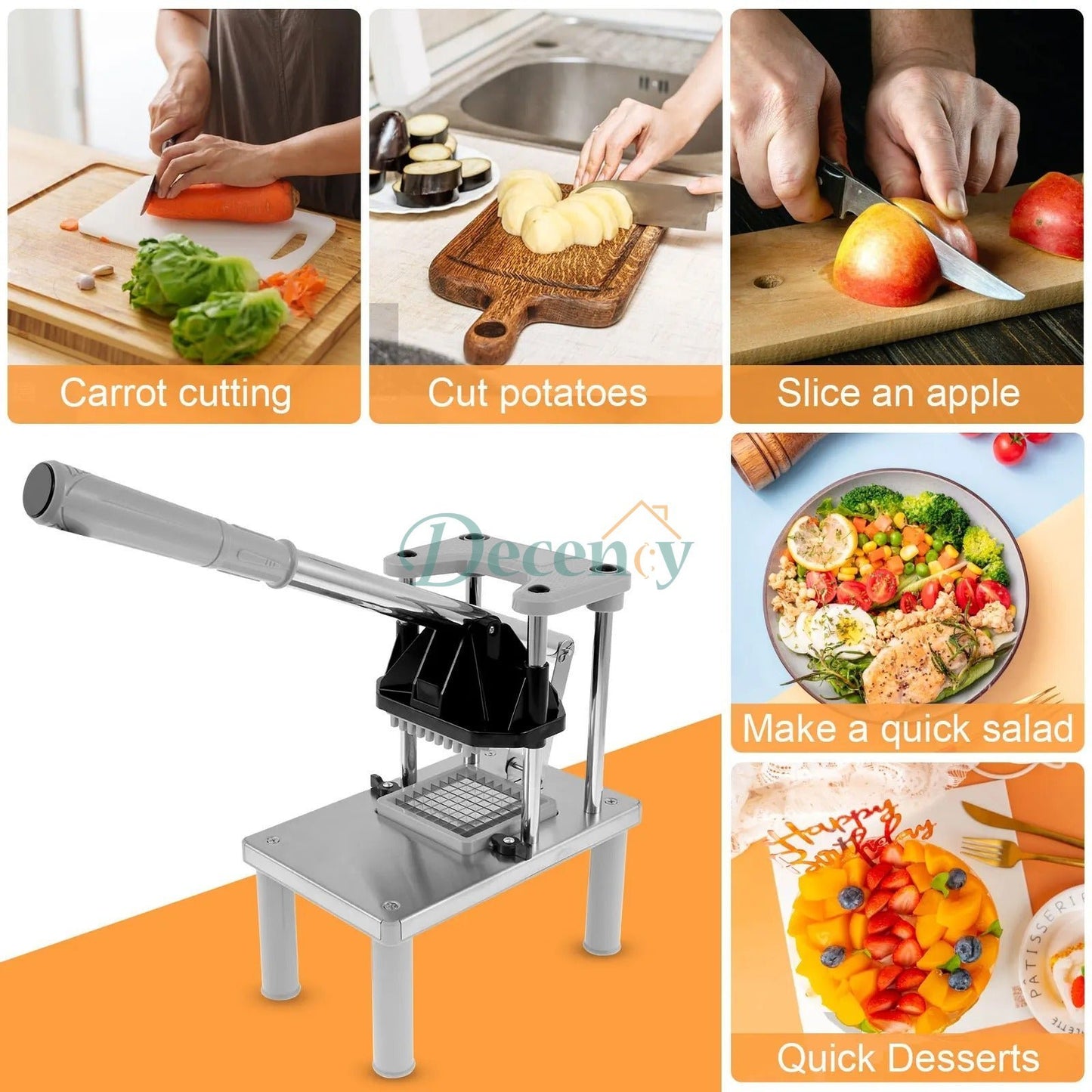 Commercial Vegetable Fruit Chopper, Stainless Steel French Fry Cutter with 4 Replacement Blades, Heavy Duty Vegetable Chopper Dicer for Potato Onion Carrot Cucumber