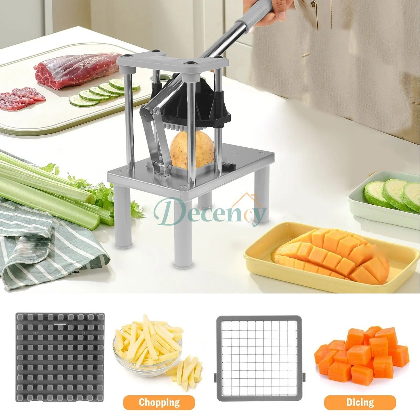 Commercial Vegetable Fruit Chopper, Stainless Steel French Fry Cutter with 4 Replacement Blades, Heavy Duty Vegetable Chopper Dicer for Potato Onion Carrot Cucumber