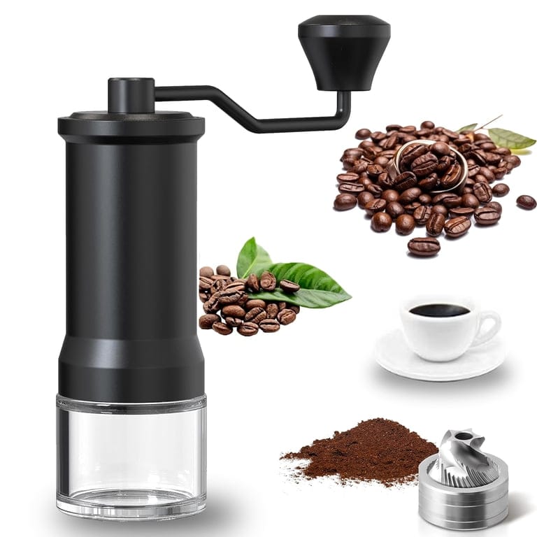 Manual coffee grinder made of durable matte black stainless steel with a clear view chamber