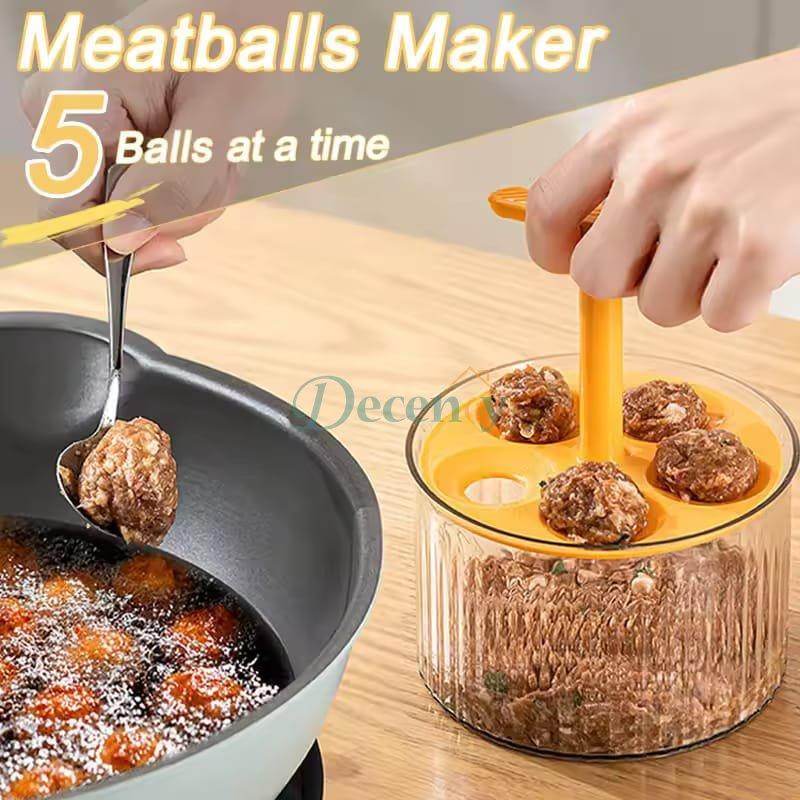 Stainless steel manual meatball maker tool displaying the scissor-grip design for perfect shaping.