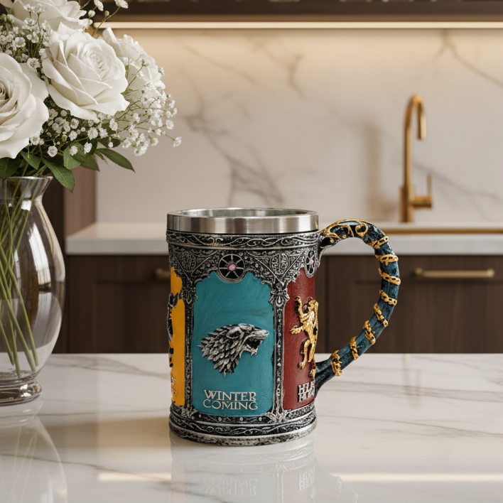 Front view of the 500ml medieval wolf tankard beer mug showing detailed 3D wolf relief.