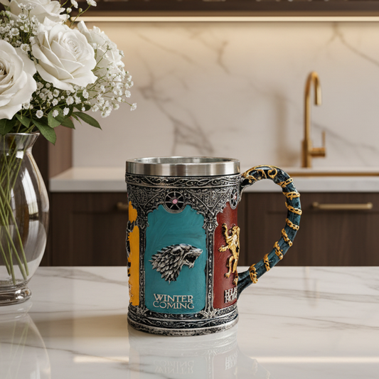 Front view of the 500ml medieval wolf tankard beer mug showing detailed 3D wolf relief.