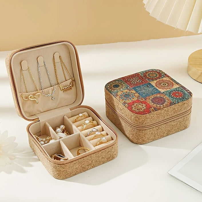 Open mini travel jewelry box showing ring slots and necklace hooks with jewelry inside