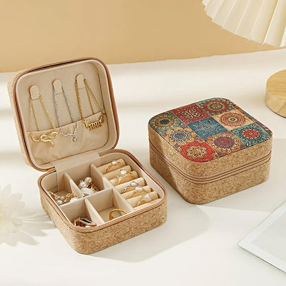 Open mini travel jewelry box showing ring slots and necklace hooks with jewelry inside
