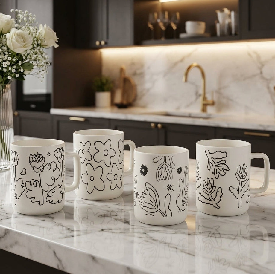 Four minimalist ceramic coffee mugs with black line-art floral patterns displayed on a marble kitchen counter.   