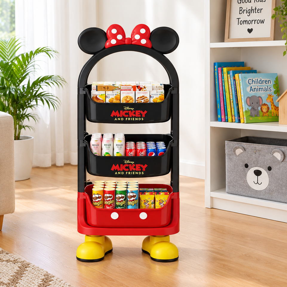 Minnie Mouse themed 3-tier rolling storage trolley rack holding snacks and cans in a modern living room setting