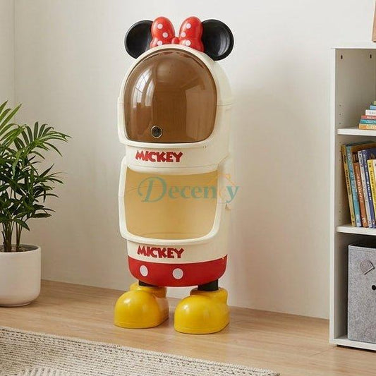 Front view of a 2-tier Minnie Mouse kids toy and snack storage rack with red bow and yellow shoes.