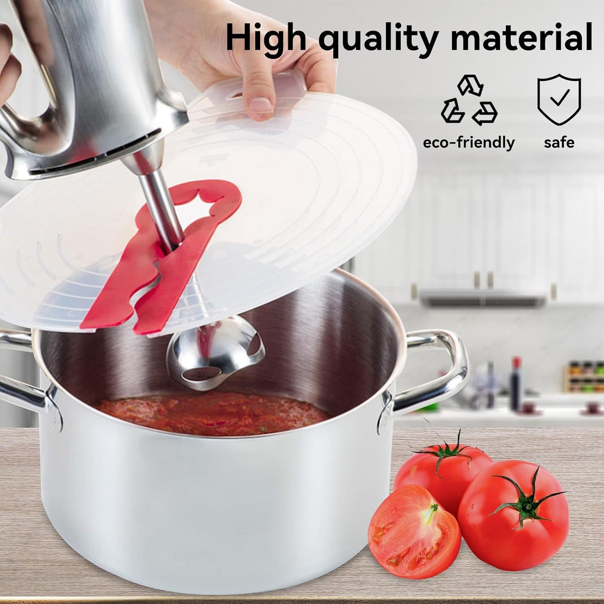 Transparent anti-splatter mixing bowl guard with a red silicone inner center ring.