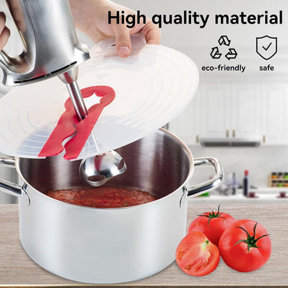Transparent anti-splatter mixing bowl guard with a red silicone inner center ring.