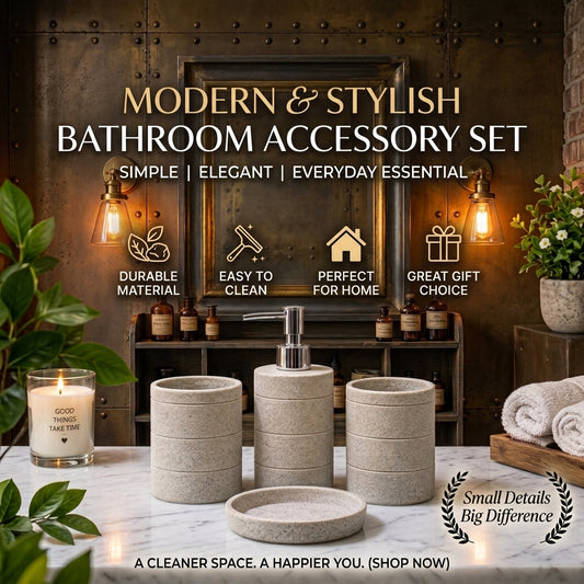 Modern beige stone 4-piece bathroom accessory set including liquid soap dispenser, toothbrush holder, tumbler, and soap dish.
