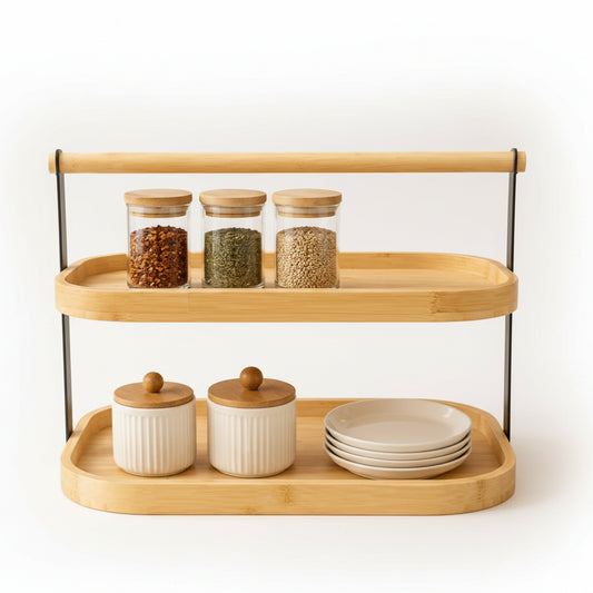 2-tier bamboo kitchen countertop organizer holding spice jars on a modern Pakistani kitchen counter.