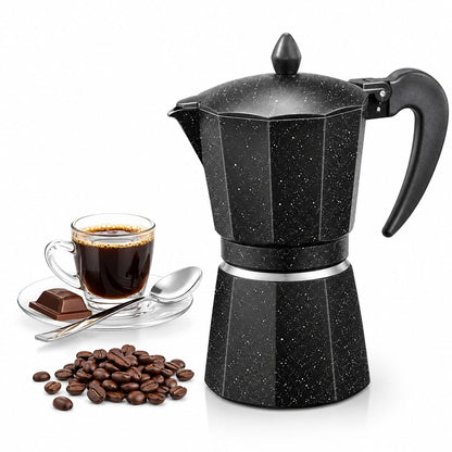 Heat-resistant ergonomic wooden handle attached to a sleek black aluminum Moka Pot.