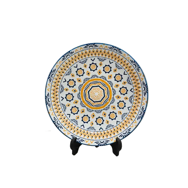 Front view of an 8-inch artisanal Moroccan pattern ceramic quarter plate