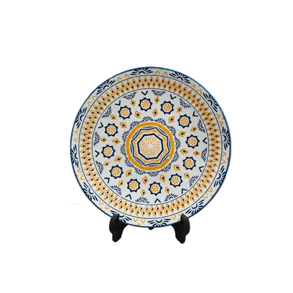 Front view of an 8-inch artisanal Moroccan pattern ceramic quarter plate