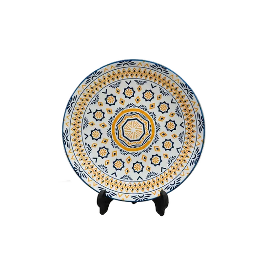 Front view of an 8-inch artisanal Moroccan pattern ceramic quarter plate