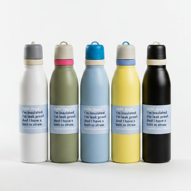 Array of MSZM 700ml stainless steel water bottles in matte white, olive green, pastel blue, yellow, and black lined up on a kitchen counter.