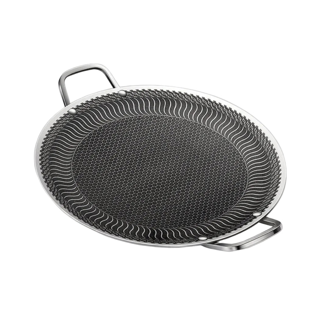 Close-up view of the laser-etched honeycomb non-stick pattern on a 38 cm stainless steel tawa.