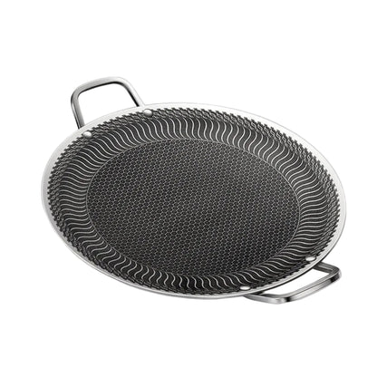 Close-up view of the laser-etched honeycomb non-stick pattern on a 38 cm stainless steel tawa.