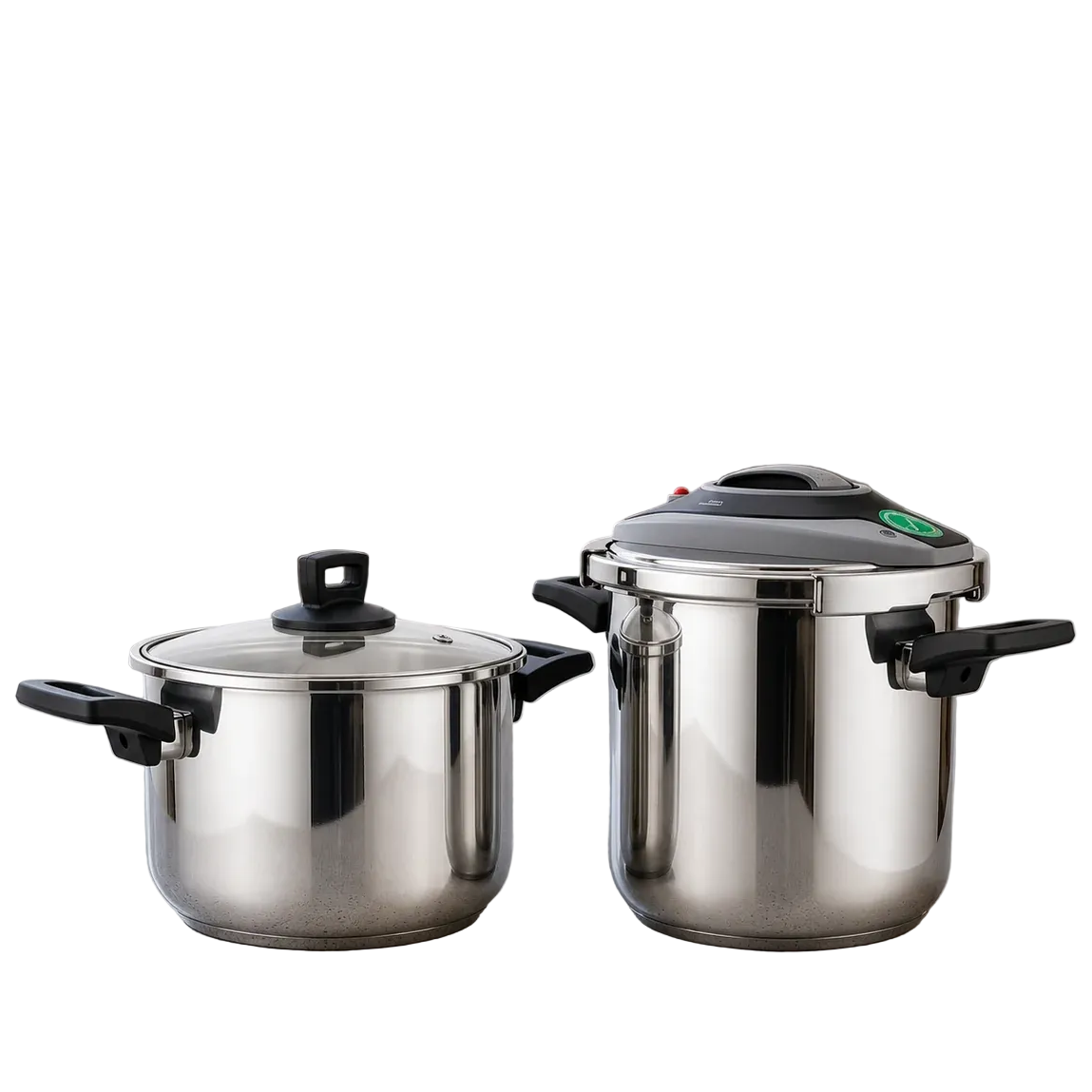 Dual capacity 6L and 8L non-stick steel pressure cooker set stacked on a wooden kitchen countertop in Pakistan