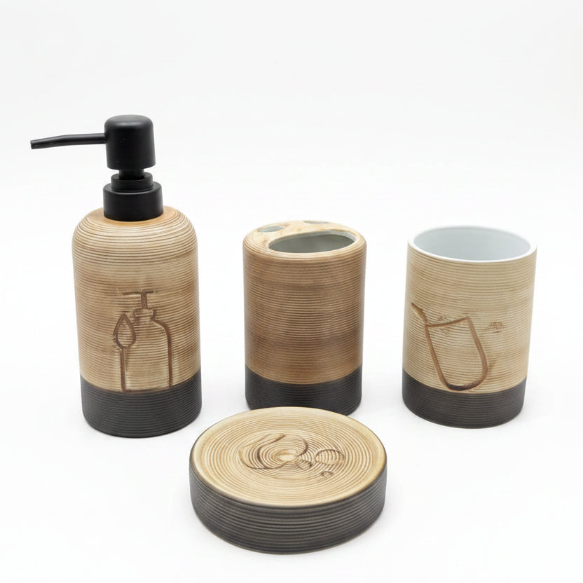 4-piece off-white ceramic bathroom accessories set including dispenser, toothbrush holder, soap dish, and tumbler