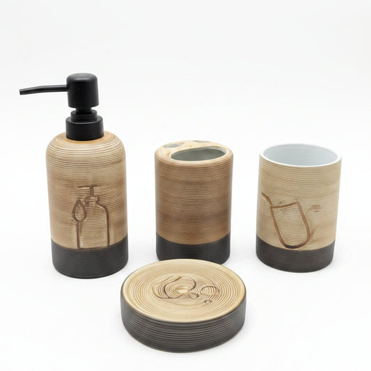 4-piece off-white ceramic bathroom accessories set including dispenser, toothbrush holder, soap dish, and tumbler