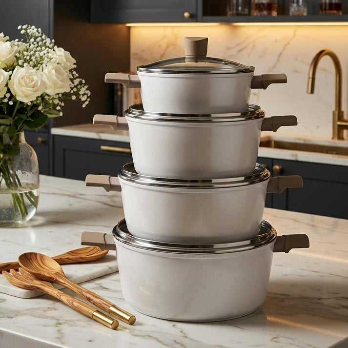 Stacked 4-piece white OSFE non-stick casserole pots with glass lids on marble countertop