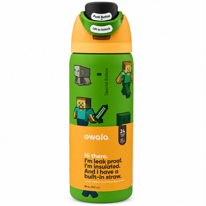 Owala 24OZ Minecraft Edition water bottle placed on a white marble countertop in a modern kitchen in Pakistan.