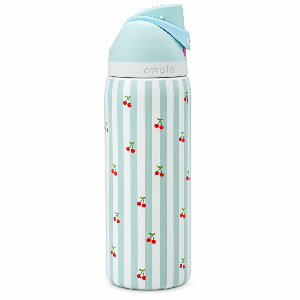 Owala FreeSip 32 oz light blue and white striped water bottle with cherry print isolated on a white background