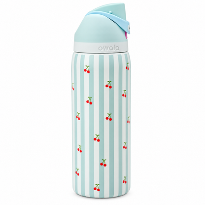 Owala FreeSip 32 oz light blue and white striped water bottle with cherry print isolated on a white background