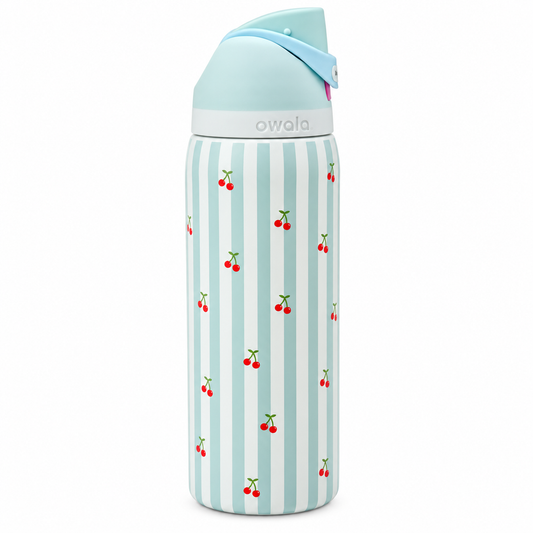 Owala FreeSip 32 oz light blue and white striped water bottle with cherry print isolated on a white background