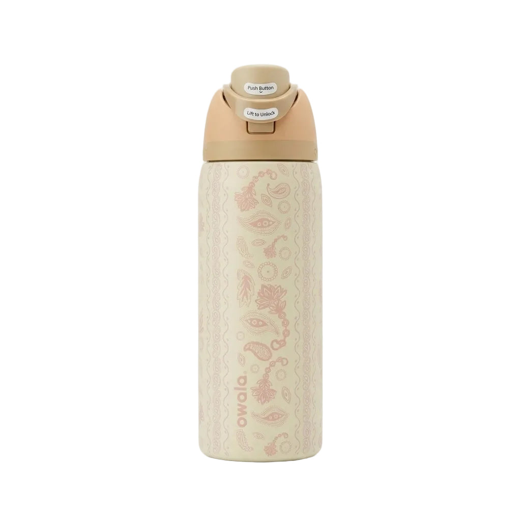 Owala 32oz Spur of the Moment Special Edition water bottle placed on a luxury kitchen counter in Pakistan.