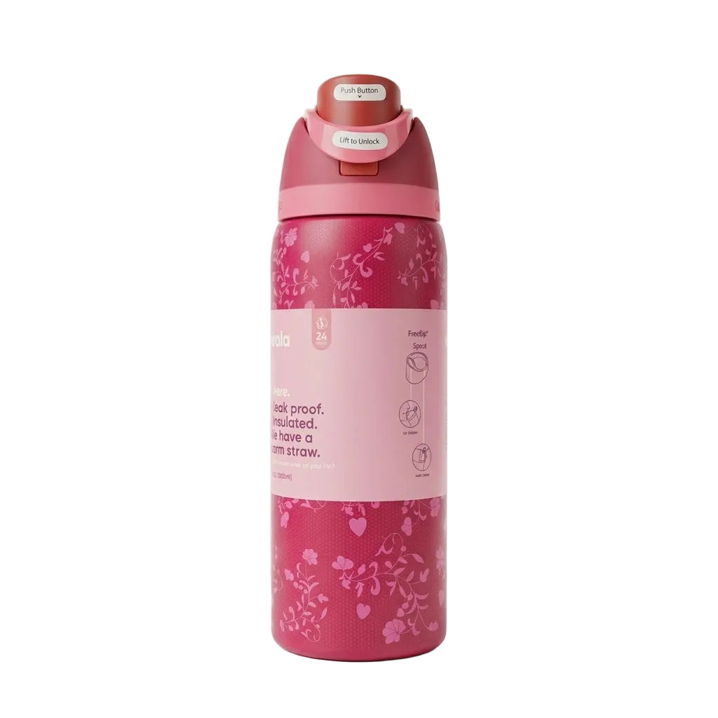 Front view of the Owala FreeSip 32oz water bottle in Dark Pink Flower with label wrapper