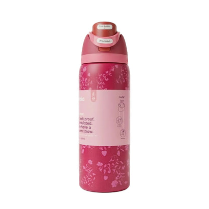Front view of the Owala FreeSip 32oz water bottle in Dark Pink Flower with label wrapper