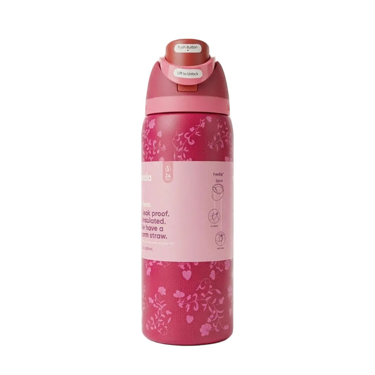 Front view of the Owala FreeSip 32oz water bottle in Dark Pink Flower with label wrapper
