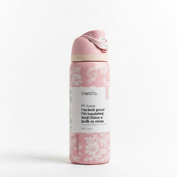 Front view of Owala FreeSip 32oz stainless steel water bottle in floral pink