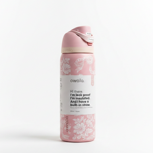 Front view of Owala FreeSip 32oz stainless steel water bottle in floral pink