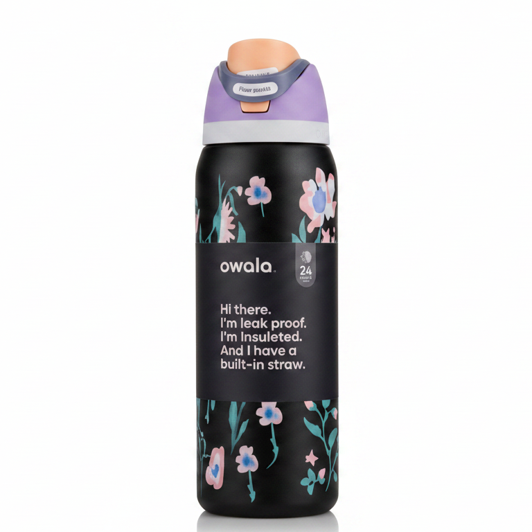 Owala FreeSip 32oz stainless steel water bottle in Midnight Garden Floral design.