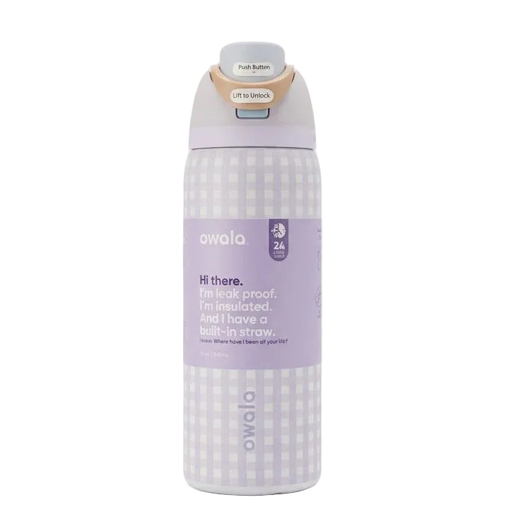 Front view of Owala FreeSip 32 Oz water bottle featuring purple gingham lines and text.