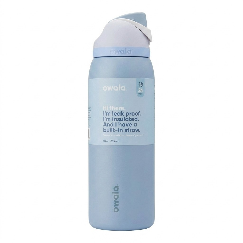 Front view of the Owala FreeSip 32 oz insulated water bottle in Serene Blue with promotional label.