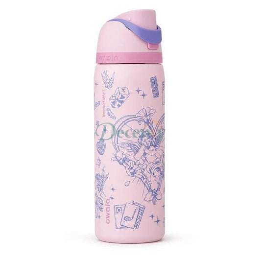 Owala FreeSip Cupid's Melody pink stainless steel water bottle standing on a marble kitchen counter next to white flowers.