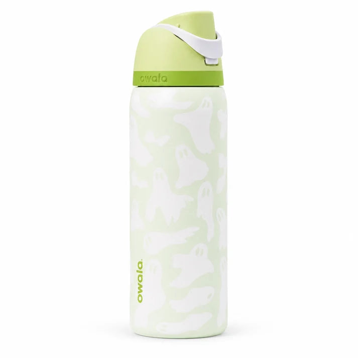 Front view of light green Owala FreeSip water bottle with white ghost print pattern