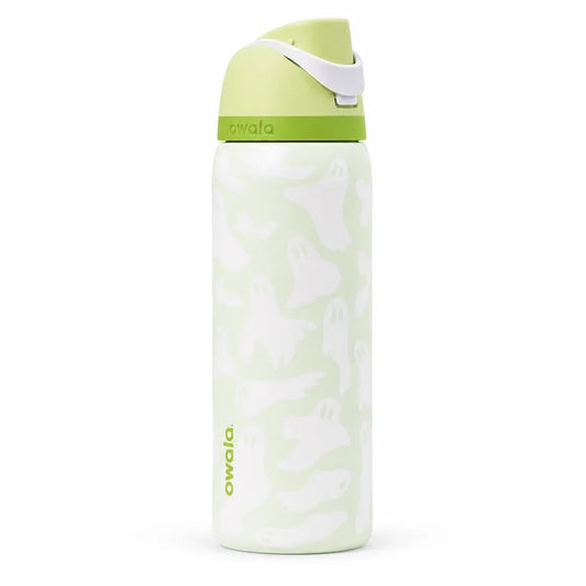 Front view of light green Owala FreeSip water bottle with white ghost print pattern