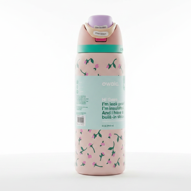 Owala insulated water bottle in Rosy Dreams design standing on a marble countertop